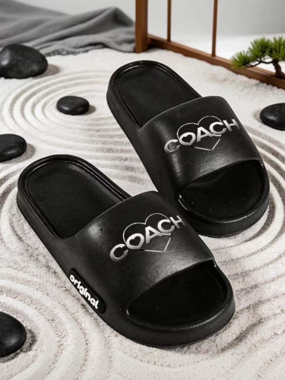 Black Slide Sandals with White Heart Logo